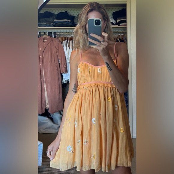 Free People Alana Babydoll Floral Apricot Peach Mini Strappy Sundress Dress - Picture 5 of 17